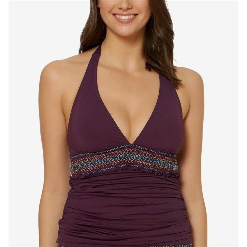 NWT Bleu Rod Beattie 12 Aubergine Smocked Ruched Tankini Halter 132744